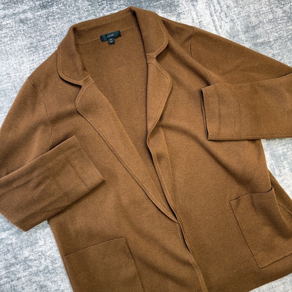 J Crew Eloise Sweater Blazer Women Medium Brown Knit Open Front Cardigan Pockets - Picture 2 of 10